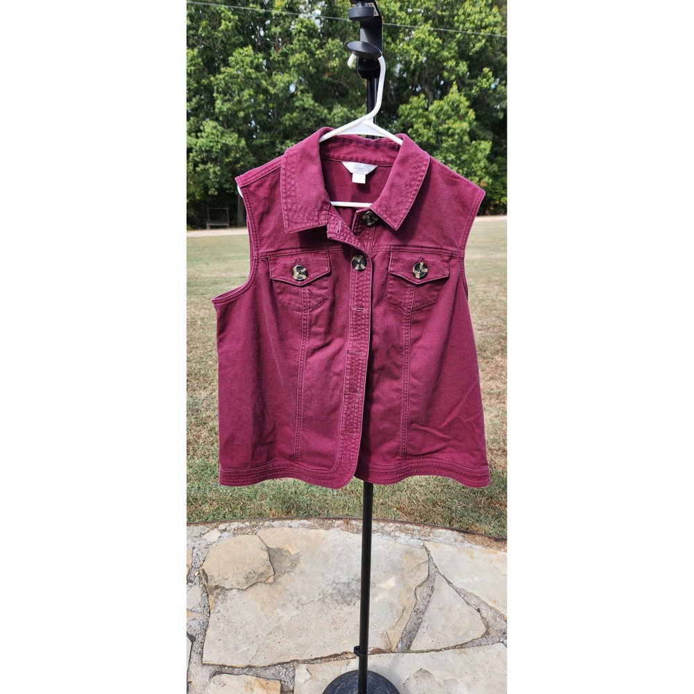 CJ Banks Womens 1X Burgundy Stretch Cotton Button Front Sleeveless Vest Jacket